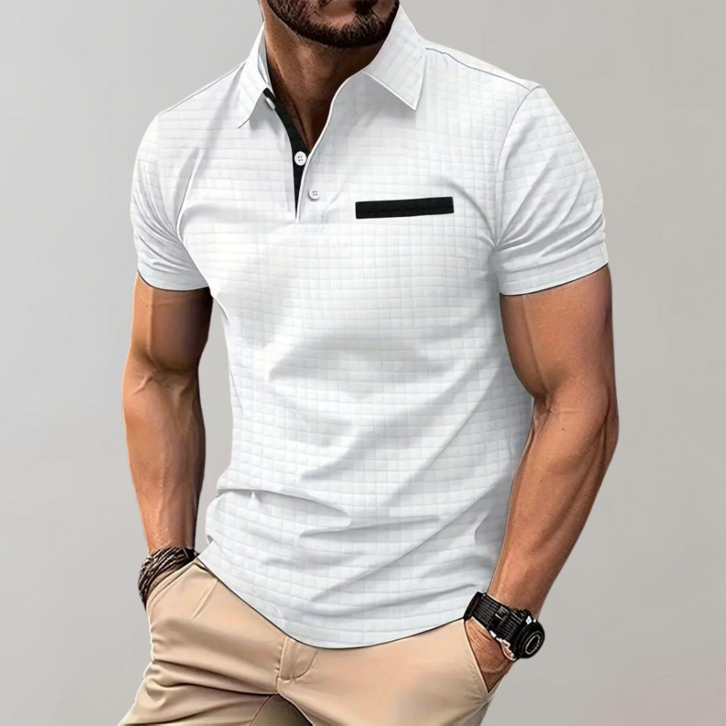 Polo-Shirt | Knopfleiste am Kragen | Brusttasche | T-Shirt mit Kragen | Polo-Shirts für Männer-Weiß-S-Chaps Herrenmode