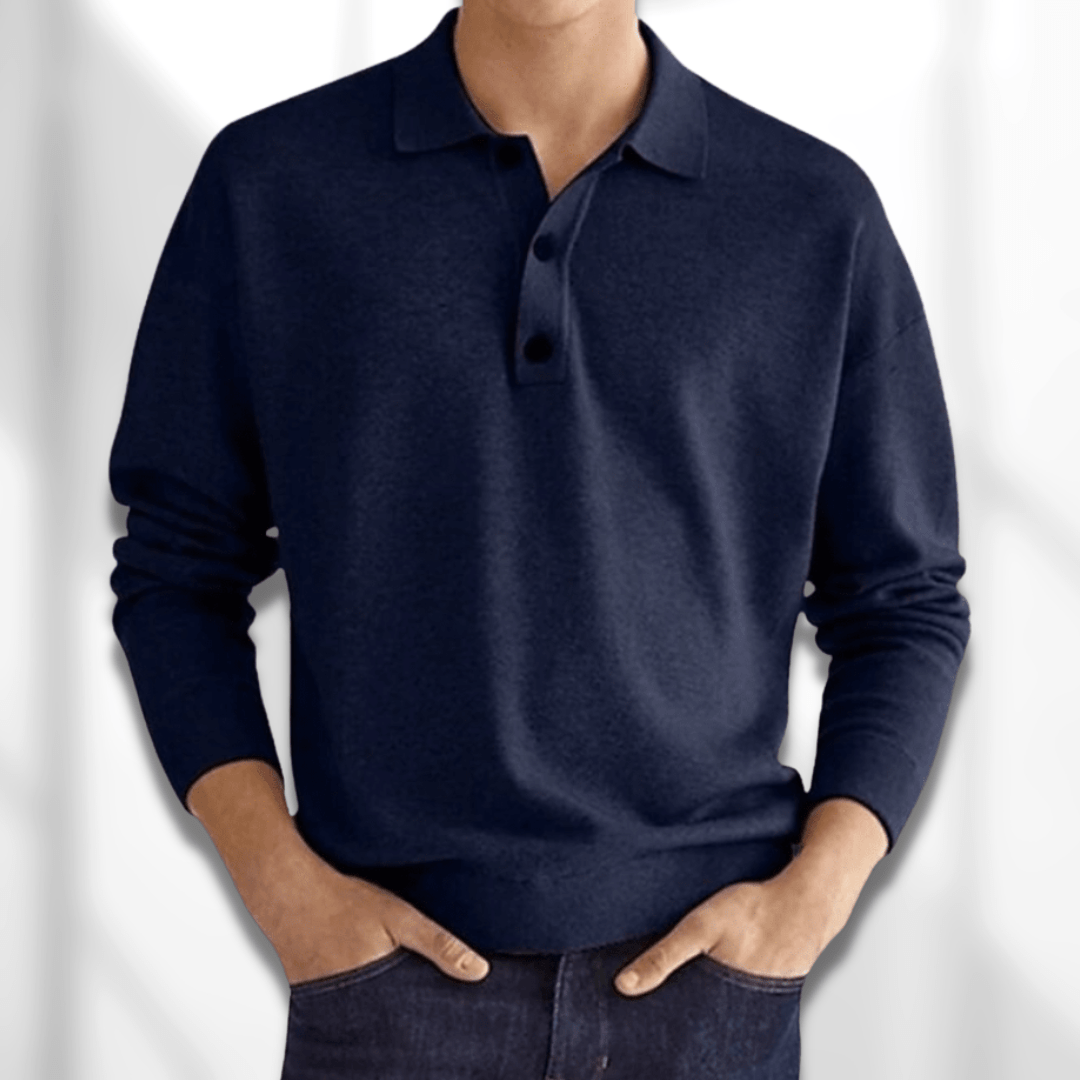 Polo-Sweatshirt – Halbe Knopfleiste – Langärmlig – Pullover – Herrenbekleidung-Blau-S-Chaps Herrenmode