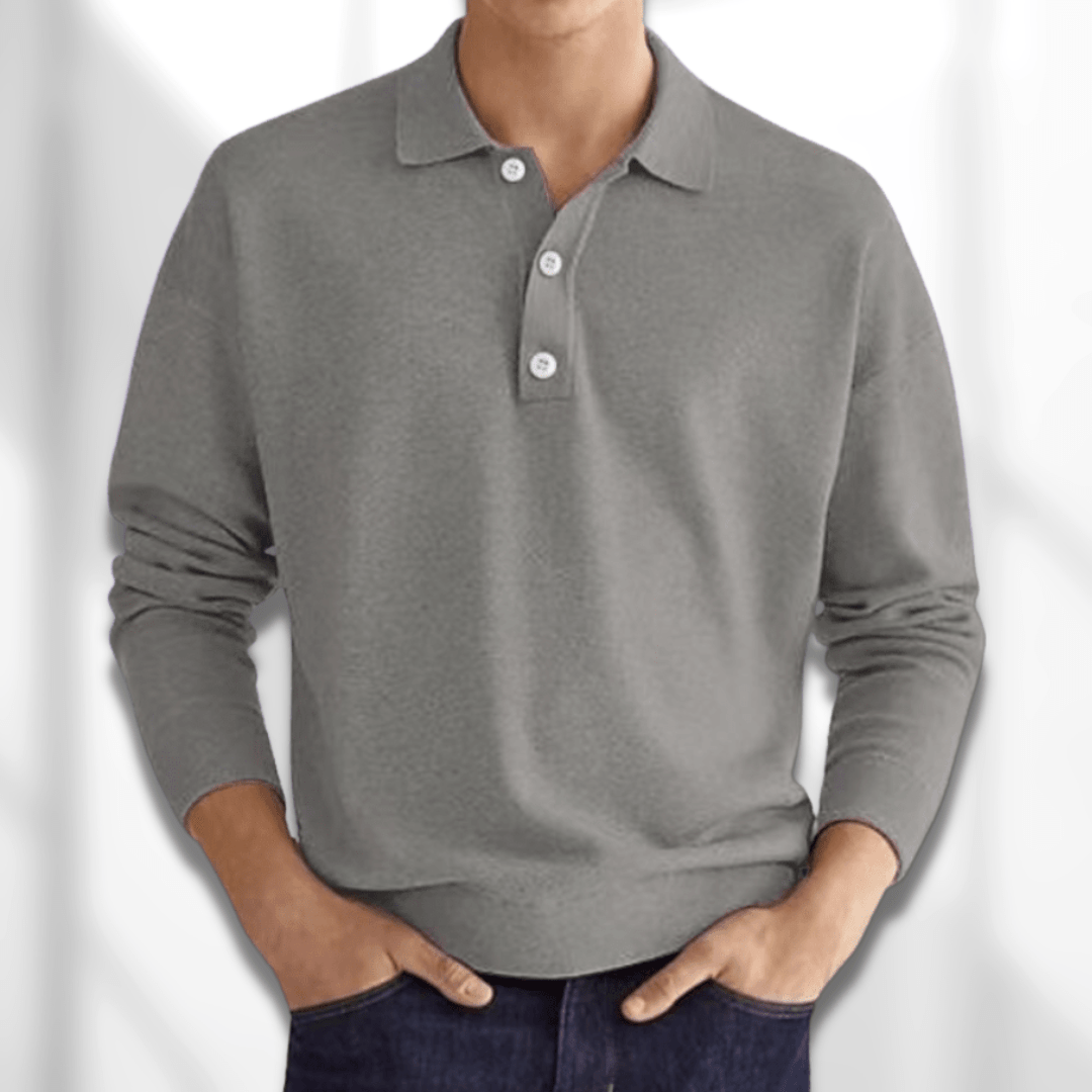 Polo-Sweatshirt – Halbe Knopfleiste – Langärmlig – Pullover – Herrenbekleidung-Grau-S-Chaps Herrenmode