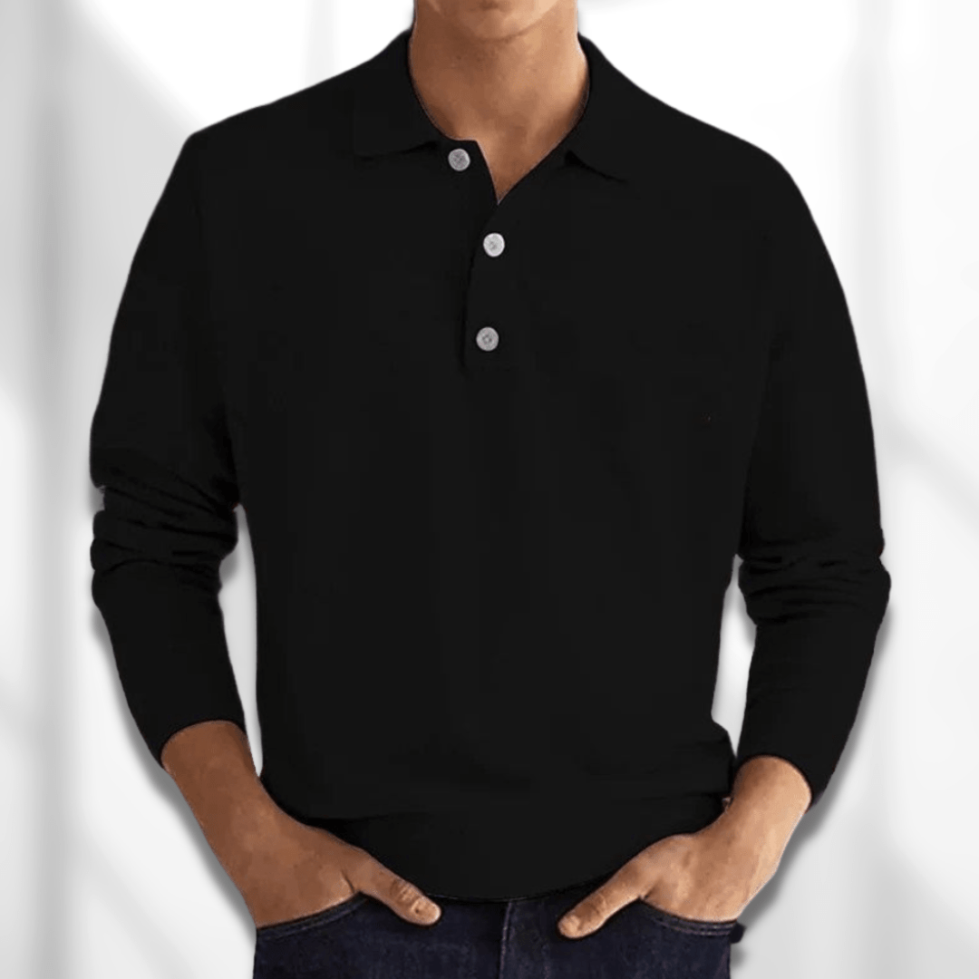 Polo-Sweatshirt – Halbe Knopfleiste – Langärmlig – Pullover – Herrenbekleidung-Schwarz-S-Chaps Herrenmode