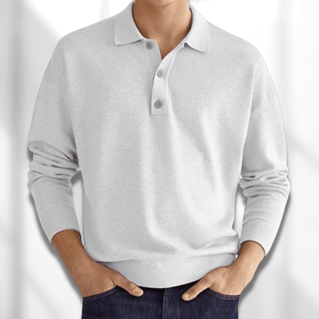Polo-Sweatshirt – Halbe Knopfleiste – Langärmlig – Pullover – Herrenbekleidung-Weiß-S-Chaps Herrenmode