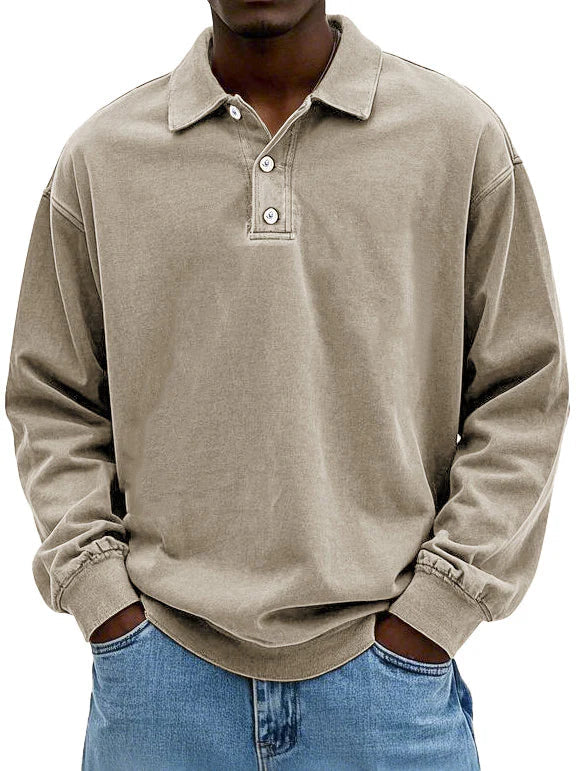 Polo Sweatshirt - Kragen - Gewaschen - Oversized Pullover - Herrenbekleidung-Khaki-S-Chaps Herrenmode
