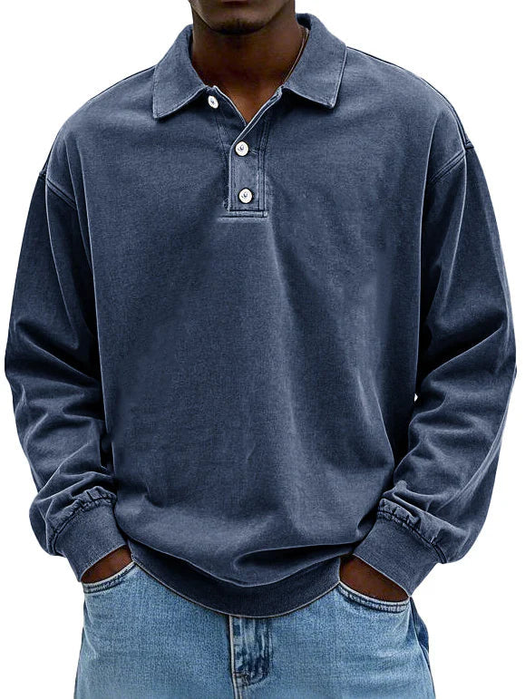 Polo Sweatshirt - Kragen - Gewaschen - Oversized Pullover - Herrenbekleidung-Marineblau-S-Chaps Herrenmode