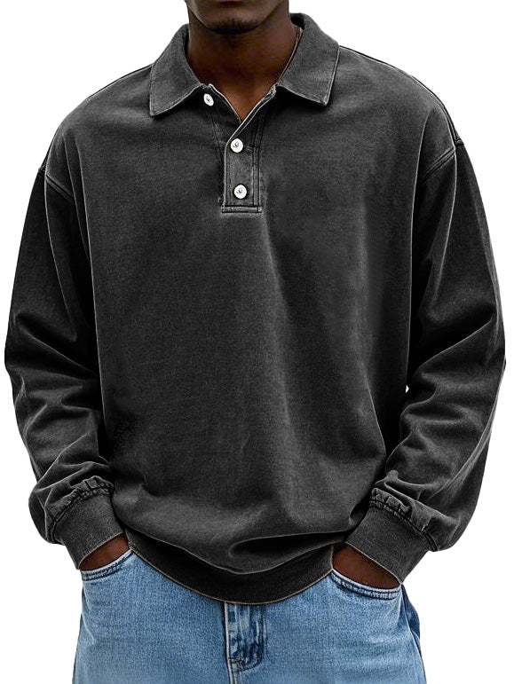 Polo Sweatshirt - Kragen - Gewaschen - Oversized Pullover - Herrenbekleidung-Schwarz-S-Chaps Herrenmode