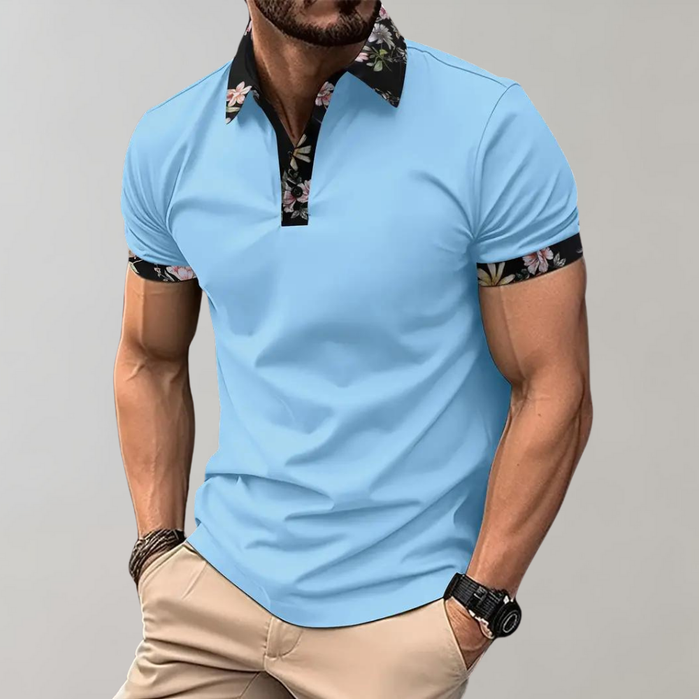 Polo-T-Shirt | Blumenmuster | Kurzarm | Polohemden | Herrenbekleidung-Himmelblau-S-Chaps Herrenmode