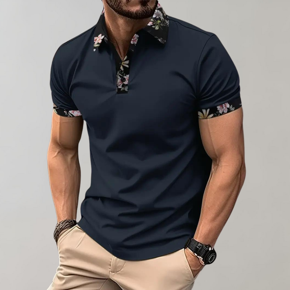 Polo-T-Shirt | Blumenmuster | Kurzarm | Polohemden | Herrenbekleidung-Marineblau-S-Chaps Herrenmode