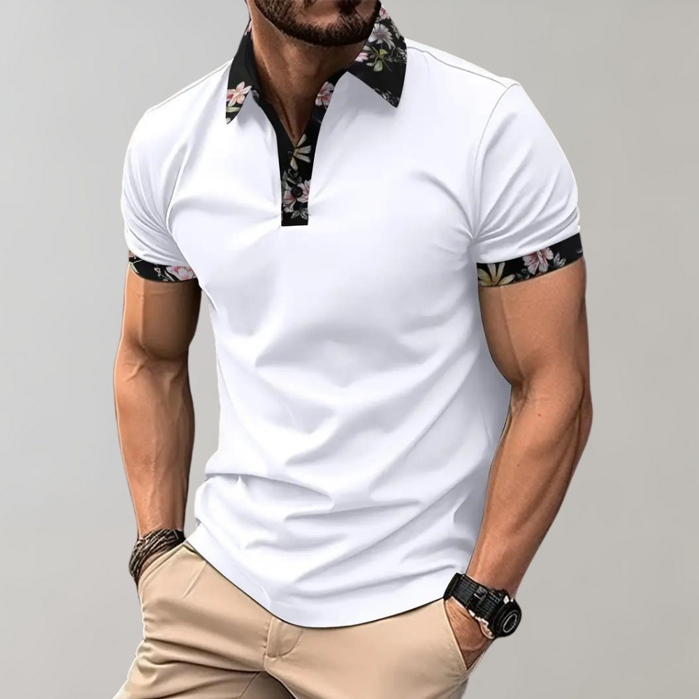 Polo-T-Shirt | Blumenmuster | Kurzarm | Polohemden | Herrenbekleidung-Weiß-S-Chaps Herrenmode