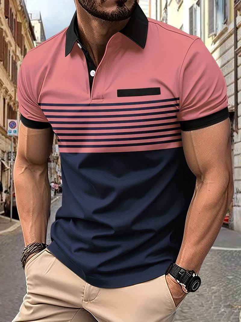 Polo T-Shirt | Gestreift | Kurzarm | Poloshirts | Herrenhemden-Rosa-XS-Chaps Herrenmode