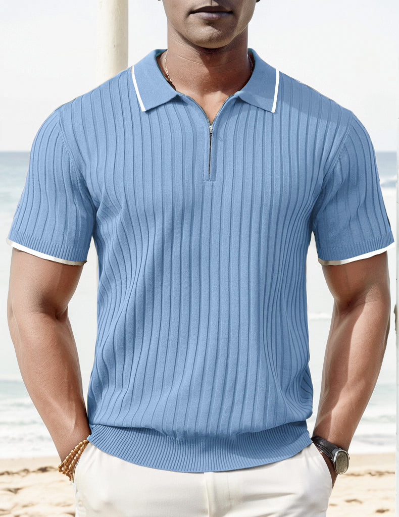 Polo-T-Shirt - Halb-Reißverschluss - Kurzarm - Geripptes Polo-Shirt - Gestricktes Polo-T-Shirt-Blau-M-Chaps Herrenmode