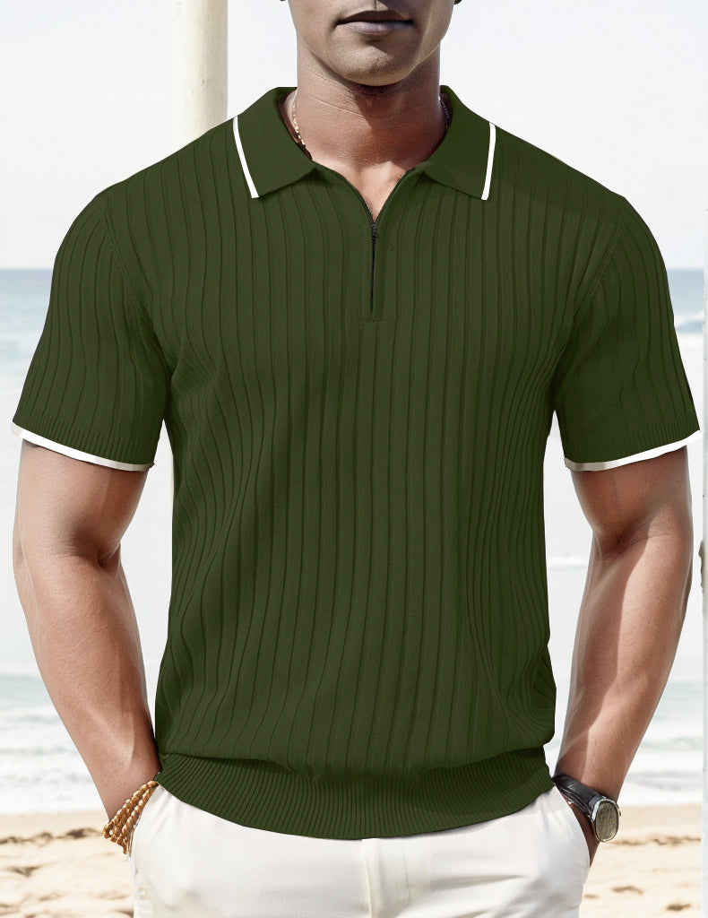 Polo-T-Shirt - Halb-Reißverschluss - Kurzarm - Geripptes Polo-Shirt - Gestricktes Polo-T-Shirt-Grün-M-Chaps Herrenmode