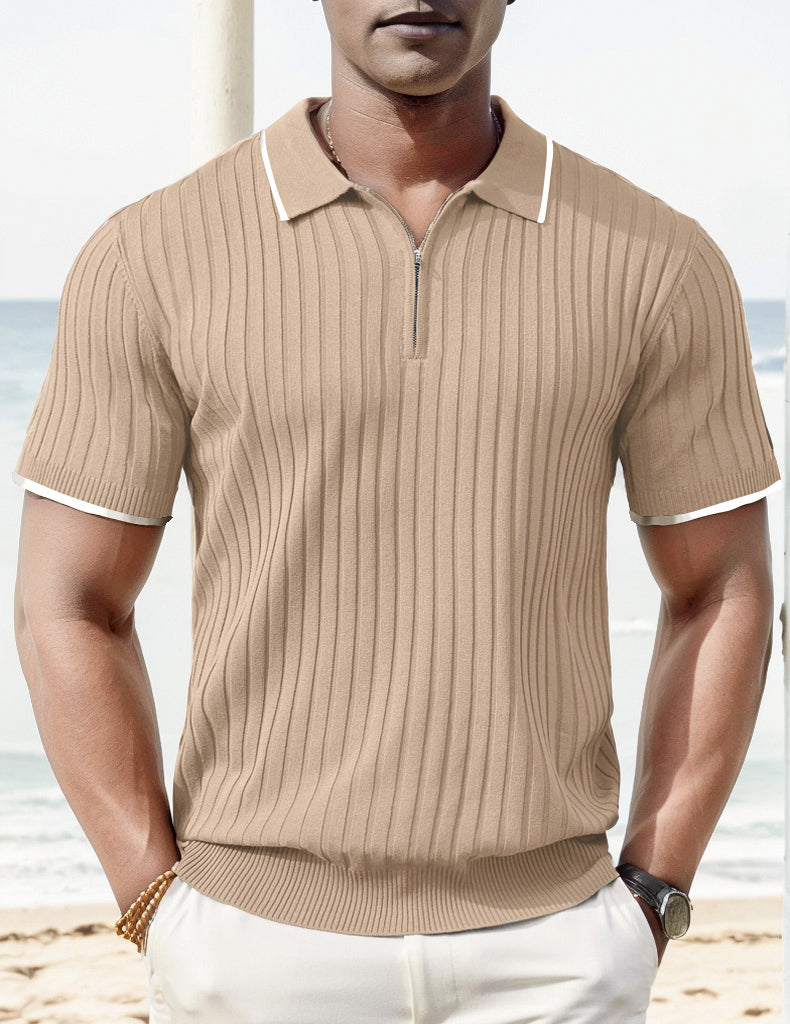 Polo-T-Shirt - Halb-Reißverschluss - Kurzarm - Geripptes Polo-Shirt - Gestricktes Polo-T-Shirt-Khaki-M-Chaps Herrenmode