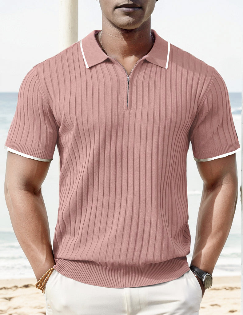 Polo-T-Shirt - Halb-Reißverschluss - Kurzarm - Geripptes Polo-Shirt - Gestricktes Polo-T-Shirt-Rosa-M-Chaps Herrenmode
