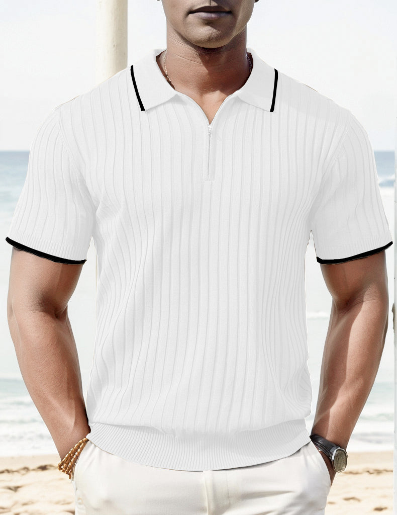 Polo-T-Shirt - Halb-Reißverschluss - Kurzarm - Geripptes Polo-Shirt - Gestricktes Polo-T-Shirt-Weiß-M-Chaps Herrenmode