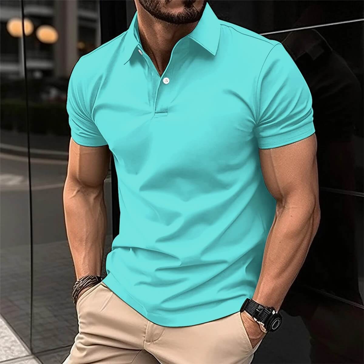 Polo-T-Shirt – Herren-Kurzarm-Polohemd mit Umlegekragen und Knopfleiste-Aqua Green-S-Chaps Herrenmode
