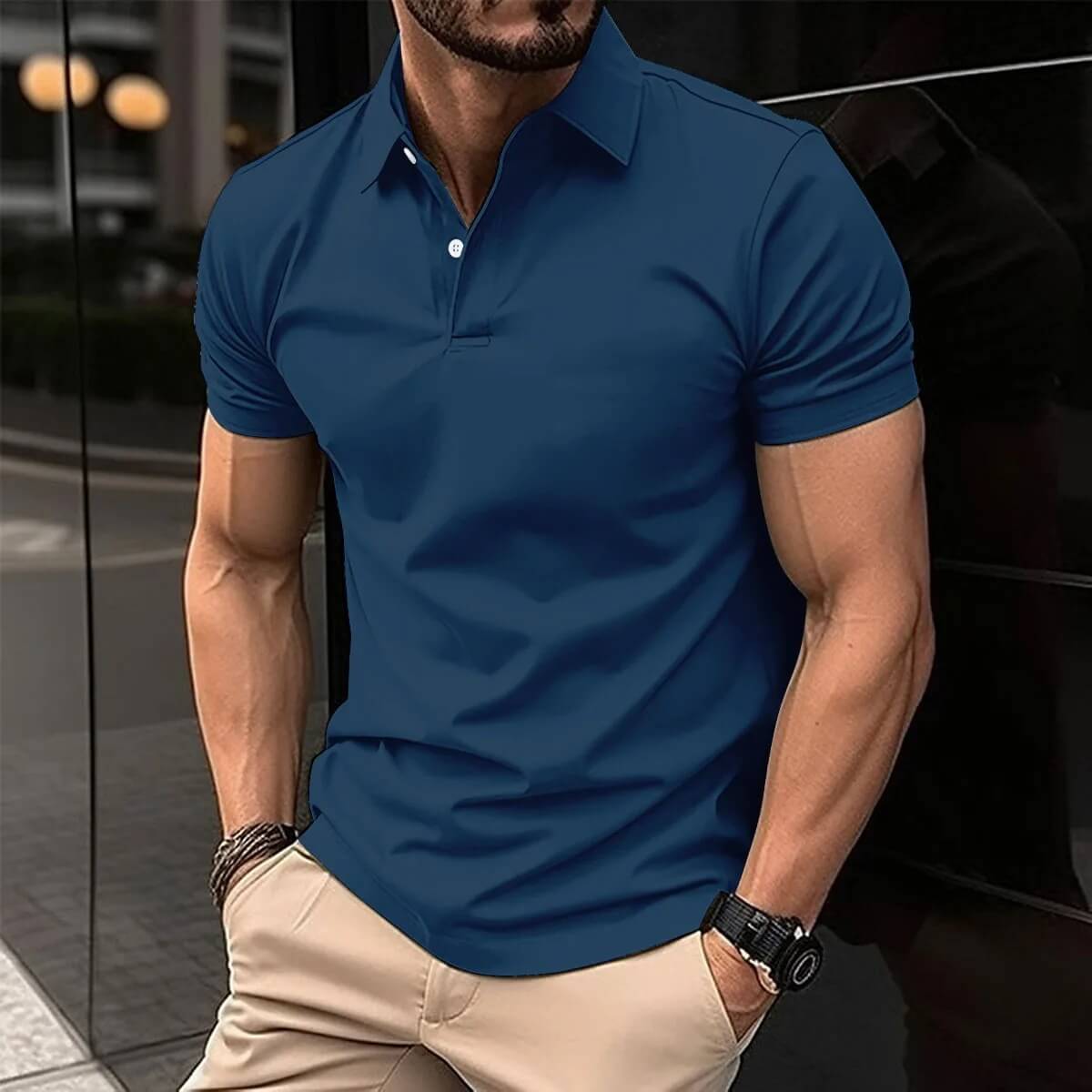 Polo-T-Shirt – Herren-Kurzarm-Polohemd mit Umlegekragen und Knopfleiste-Blau-S-Chaps Herrenmode