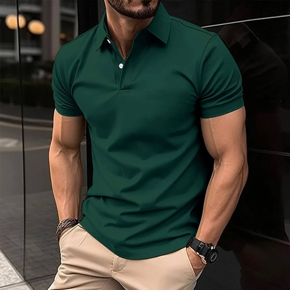 Polo-T-Shirt – Herren-Kurzarm-Polohemd mit Umlegekragen und Knopfleiste-Dunkelgrün-S-Chaps Herrenmode