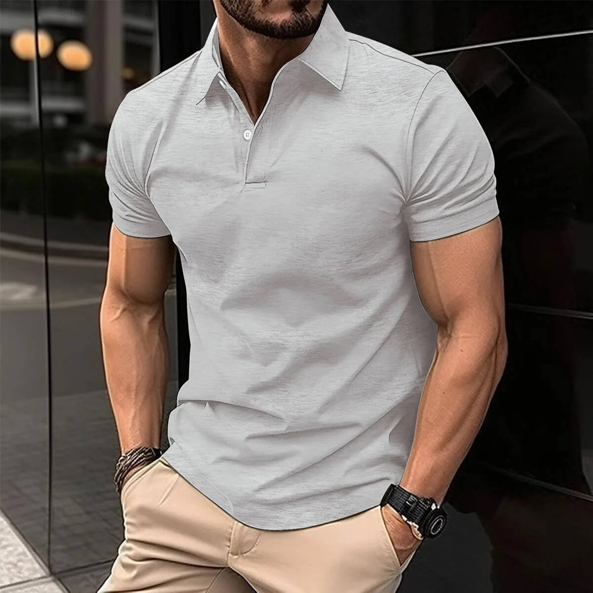 Polo-T-Shirt – Herren-Kurzarm-Polohemd mit Umlegekragen und Knopfleiste-Hellgrau-S-Chaps Herrenmode
