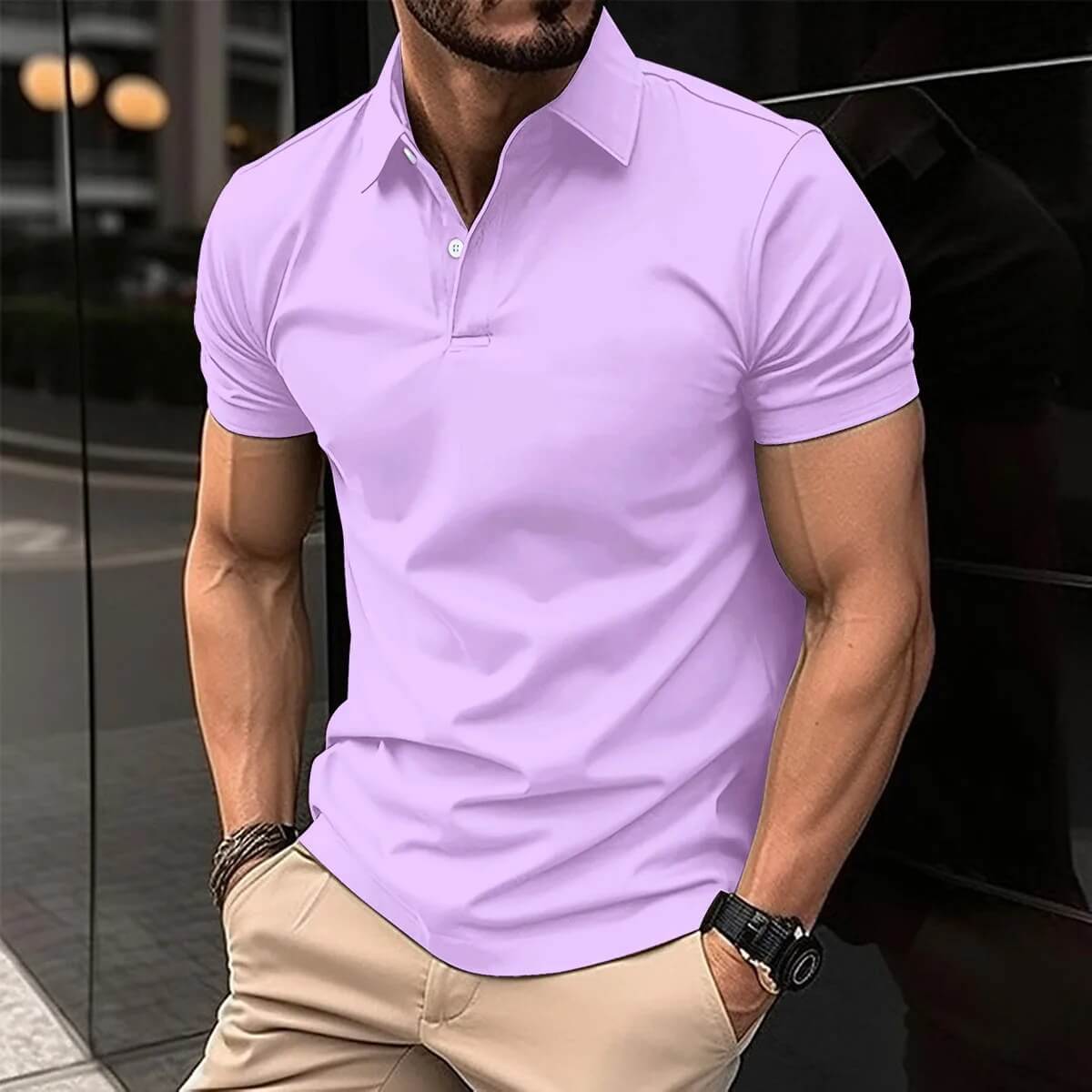 Polo-T-Shirt – Herren-Kurzarm-Polohemd mit Umlegekragen und Knopfleiste-Hellviolett-S-Chaps Herrenmode