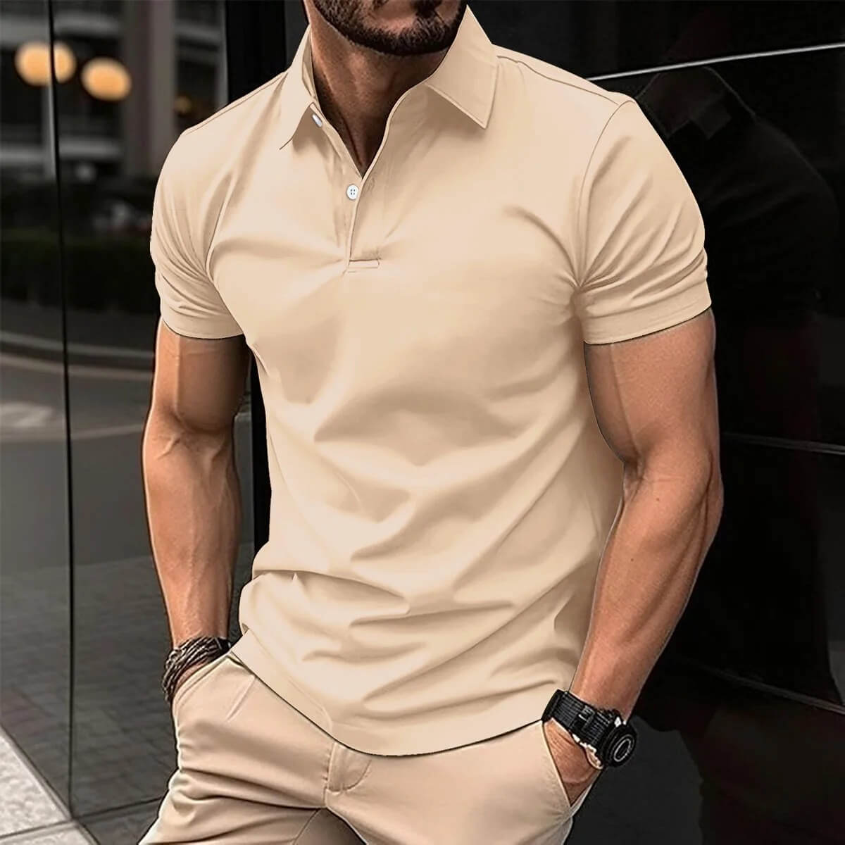Polo-T-Shirt – Herren-Kurzarm-Polohemd mit Umlegekragen und Knopfleiste-Khaki-S-Chaps Herrenmode