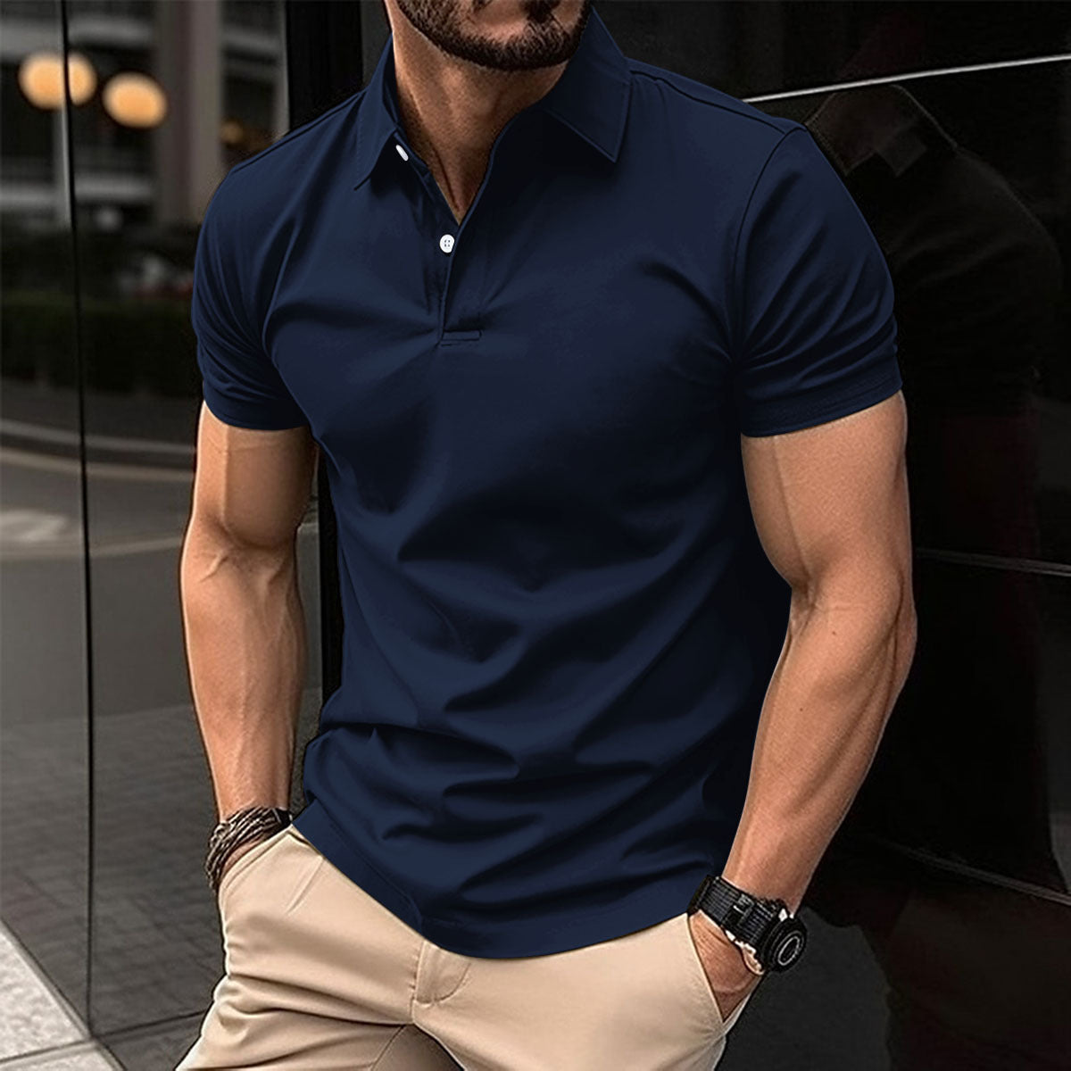 Polo-T-Shirt – Herren-Kurzarm-Polohemd mit Umlegekragen und Knopfleiste-Marineblau-S-Chaps Herrenmode