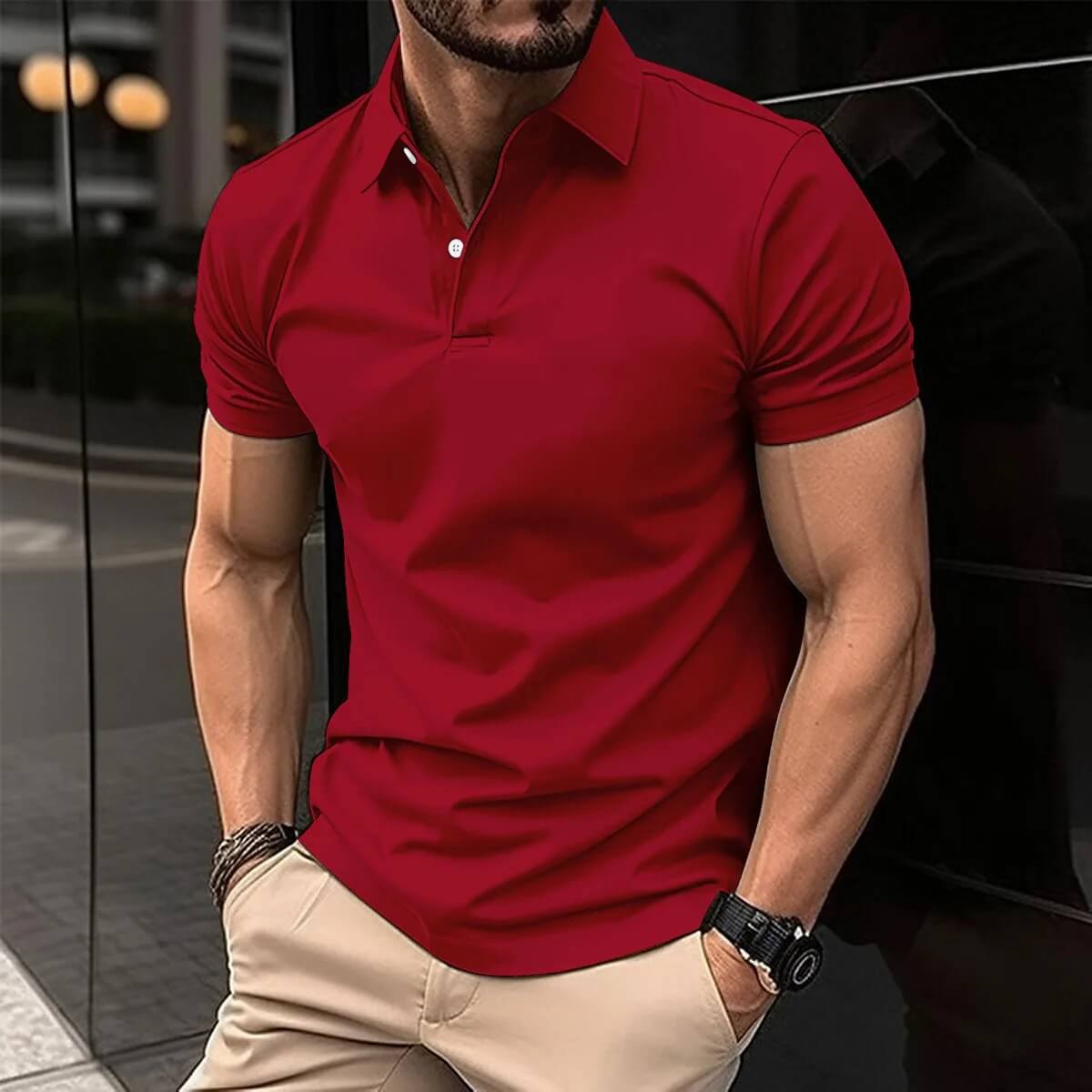 Polo-T-Shirt – Herren-Kurzarm-Polohemd mit Umlegekragen und Knopfleiste-Rot-S-Chaps Herrenmode