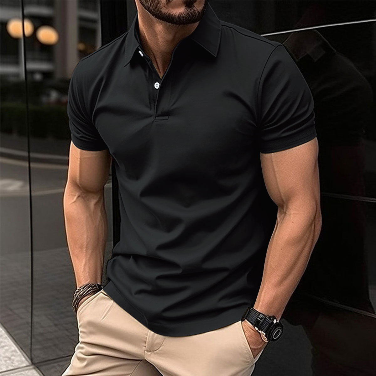 Polo-T-Shirt – Herren-Kurzarm-Polohemd mit Umlegekragen und Knopfleiste-Schwarz-S-Chaps Herrenmode