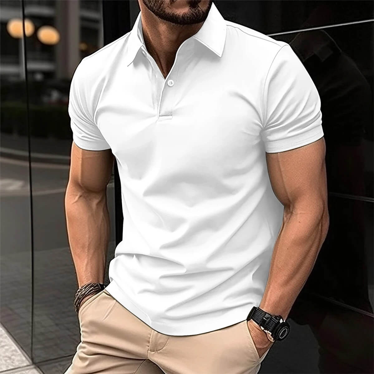 Polo-T-Shirt – Herren-Kurzarm-Polohemd mit Umlegekragen und Knopfleiste-Weiß-S-Chaps Herrenmode