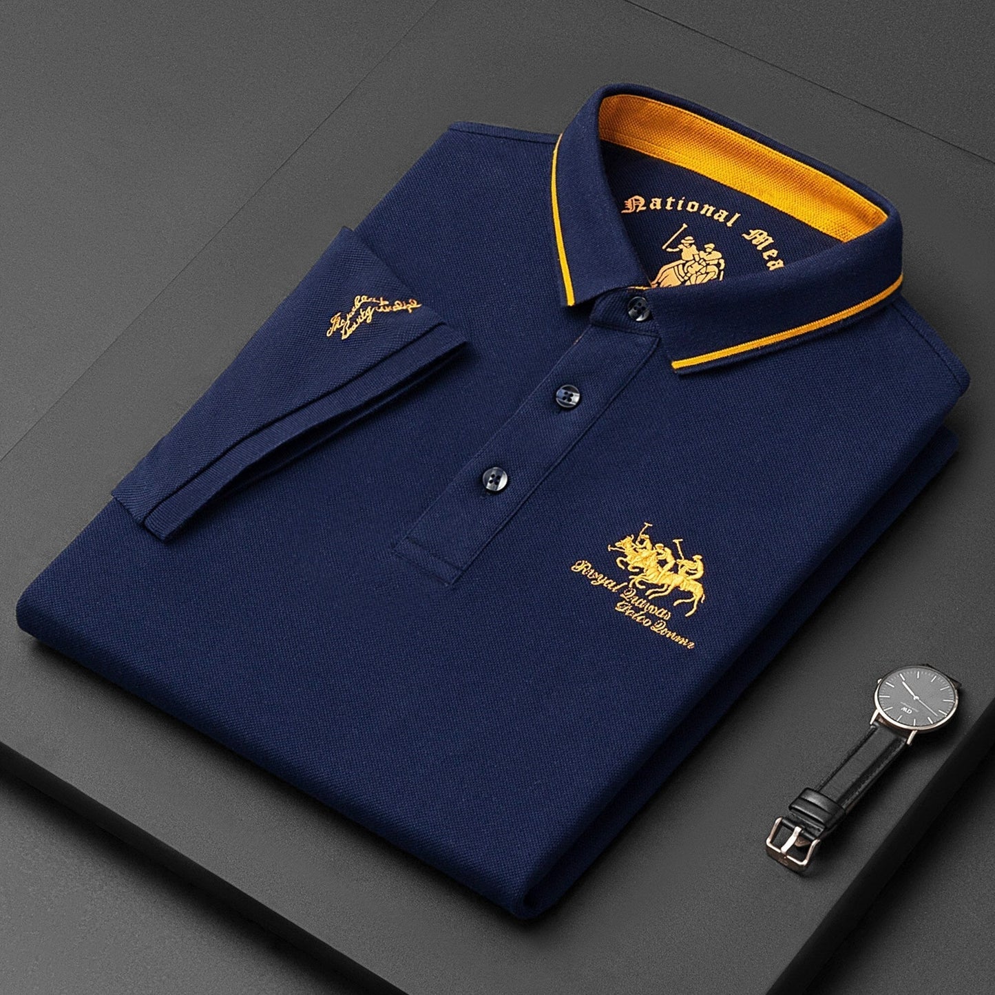Polo-T-Shirt – Herren-Polohemd mit halben Ärmeln und Knöpfen aus Leinen-Blau-M-Chaps Herrenmode