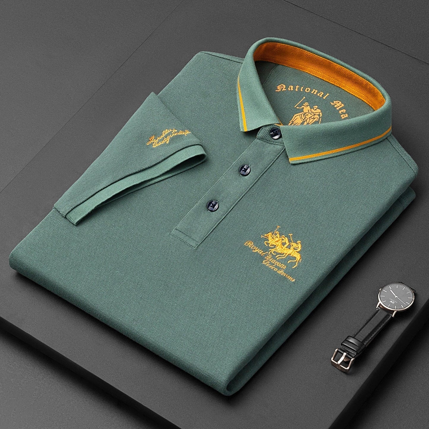 Polo-T-Shirt – Herren-Polohemd mit halben Ärmeln und Knöpfen aus Leinen-Grün-M-Chaps Herrenmode