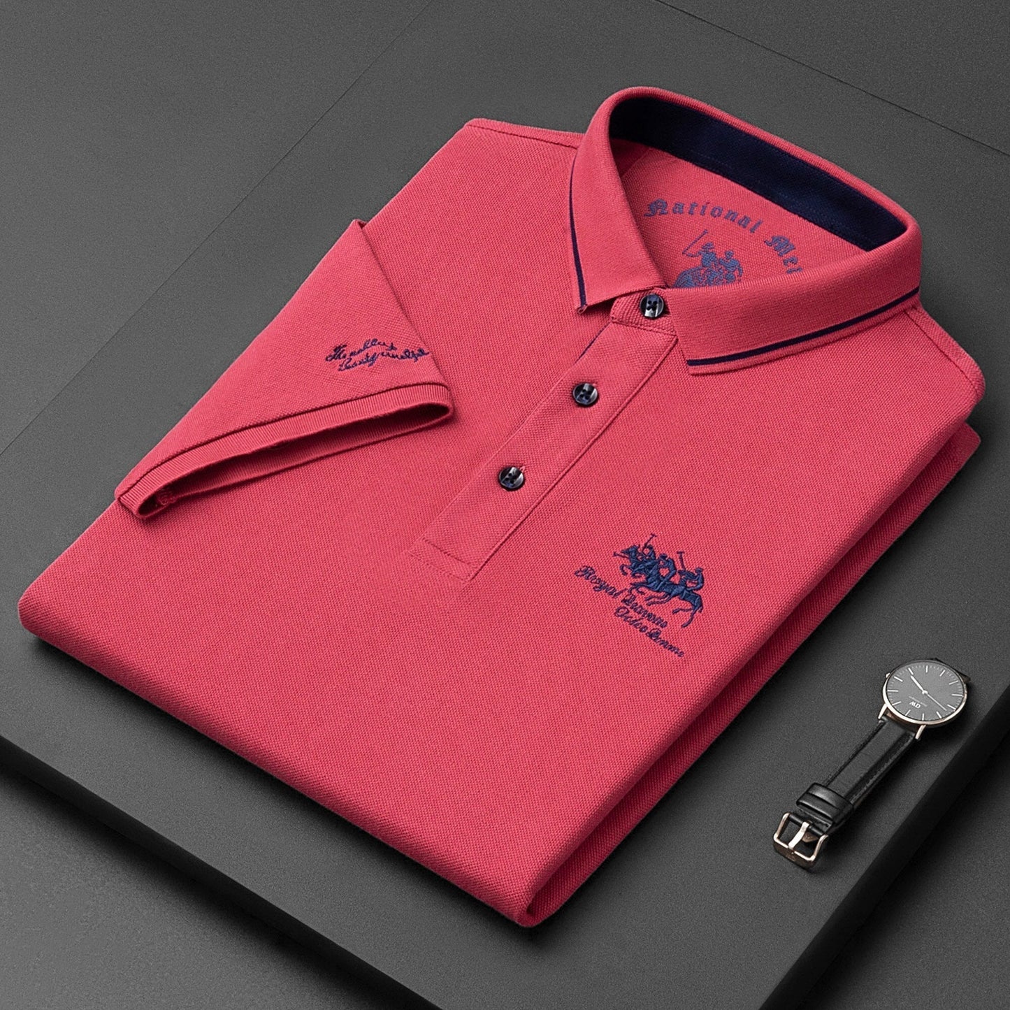 Polo-T-Shirt – Herren-Polohemd mit halben Ärmeln und Knöpfen aus Leinen-Rot-M-Chaps Herrenmode