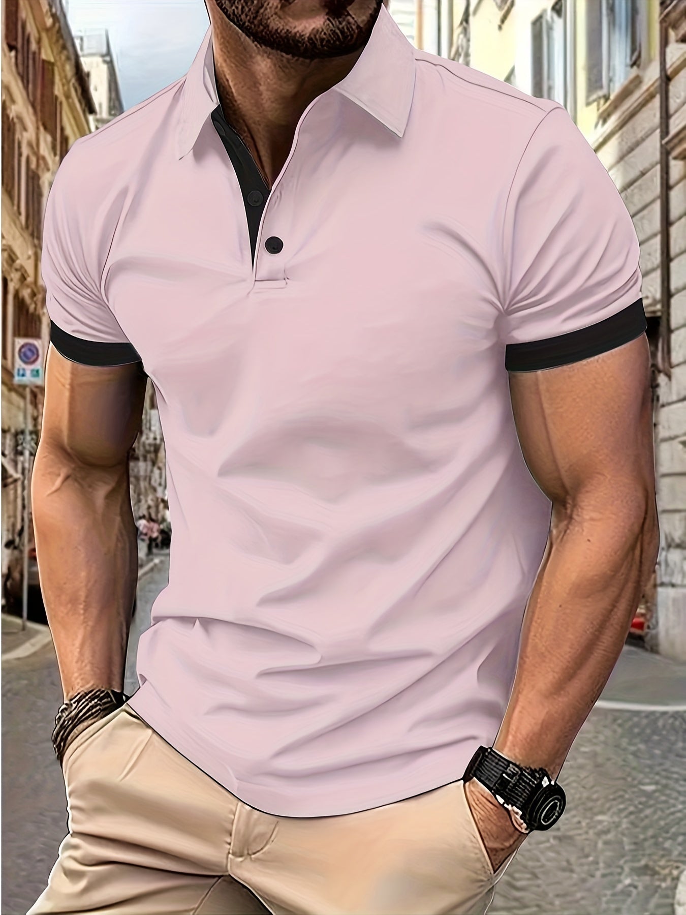 Polo-T-Shirt – Kurzarm – Mit Kragen – Herren-T-Shirt – Herren-Polohemd-Rosa-S-Chaps Herrenmode