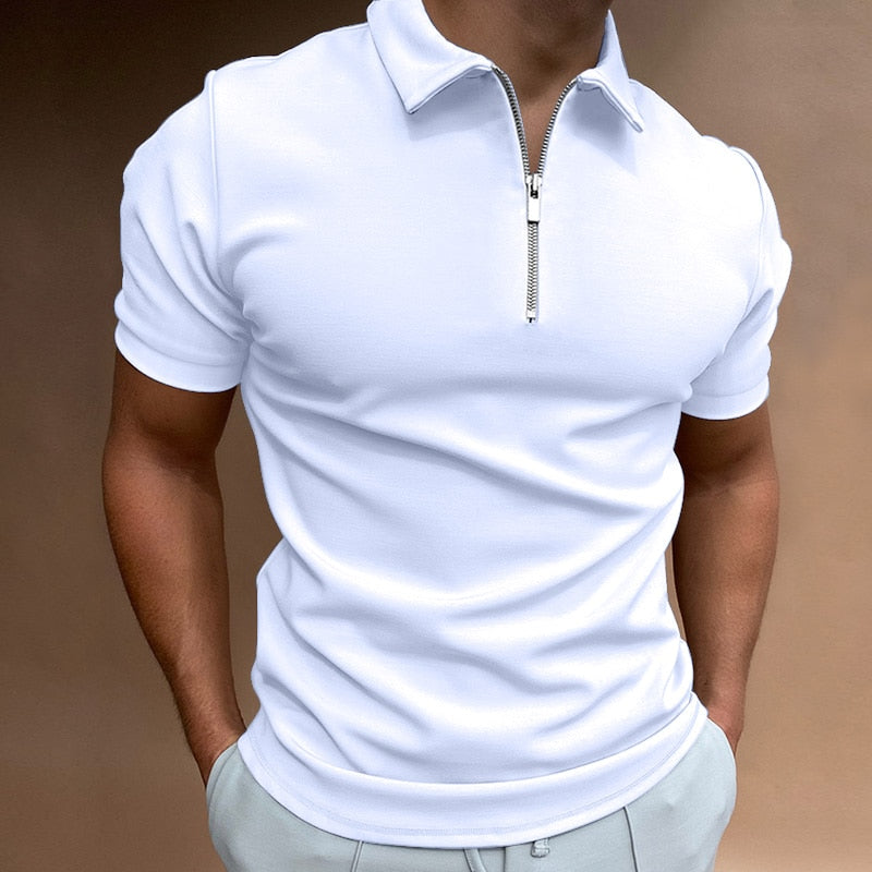 Polo-T-Shirt – Kurzarm-Polohemd für Herren mit Umlegekragen und halbem Reißverschluss-Weiß-S-Chaps Herrenmode
