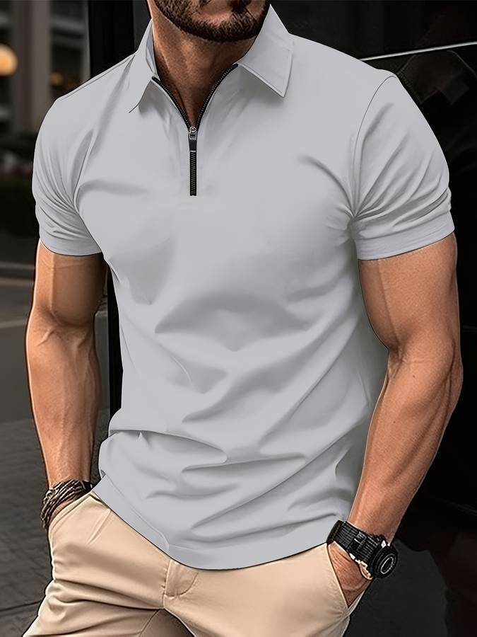 Polo-T-Shirt – Umlegekragen – Kurzarm – Reißverschluss-Polo – Herrenbekleidung-Grau-S-Chaps Herrenmode
