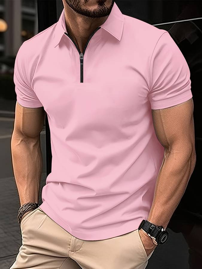 Polo-T-Shirt – Umlegekragen – Kurzarm – Reißverschluss-Polo – Herrenbekleidung-Rosa-S-Chaps Herrenmode