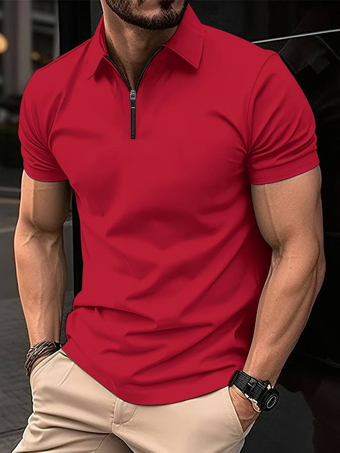 Polo-T-Shirt – Umlegekragen – Kurzarm – Reißverschluss-Polo – Herrenbekleidung-Rot-S-Chaps Herrenmode