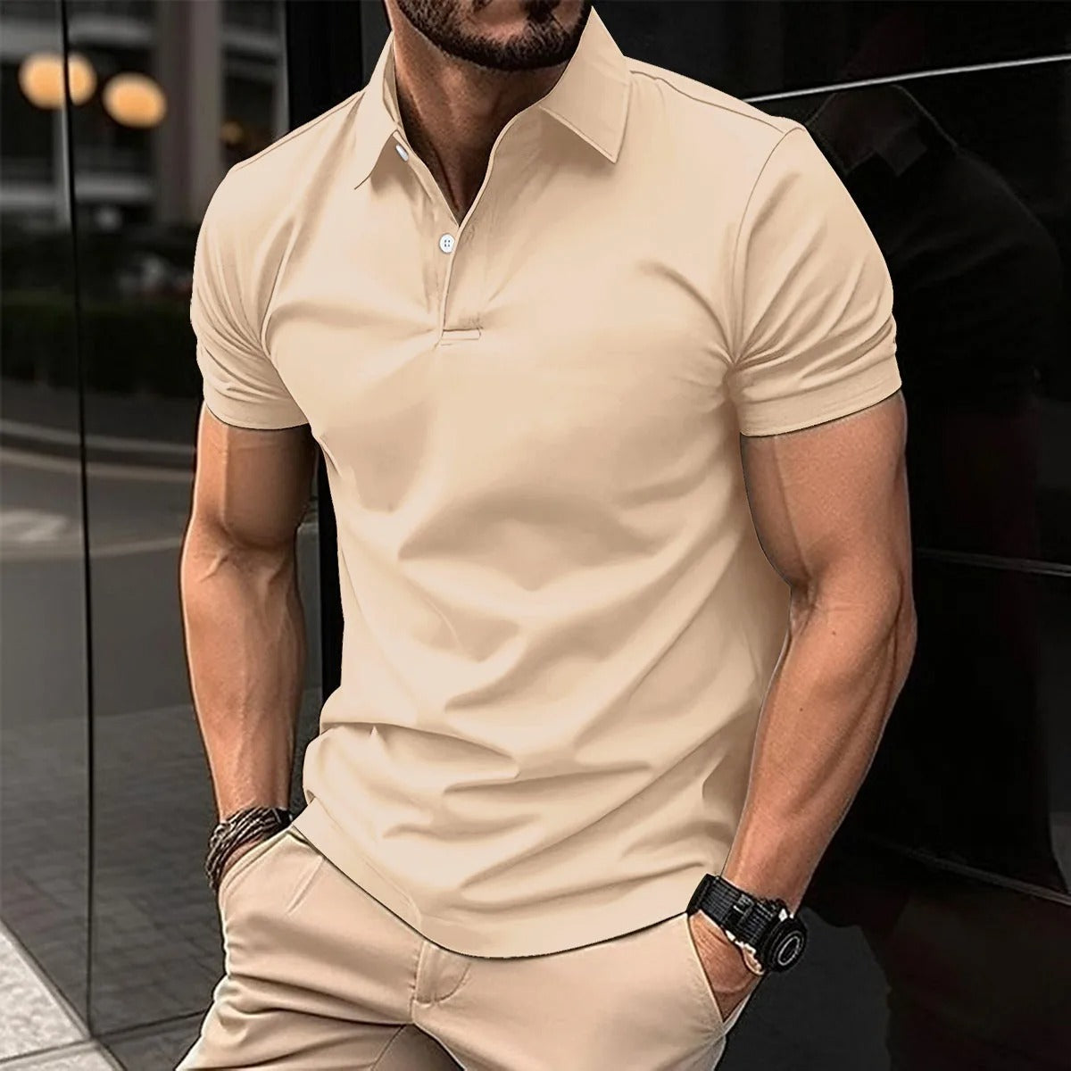 Polo-T-Shirt – halblanger Knopfleiste – Umlegekragen – Polo-Shirts – T-Shirts für Herren-Khaki-S-Chaps Herrenmode