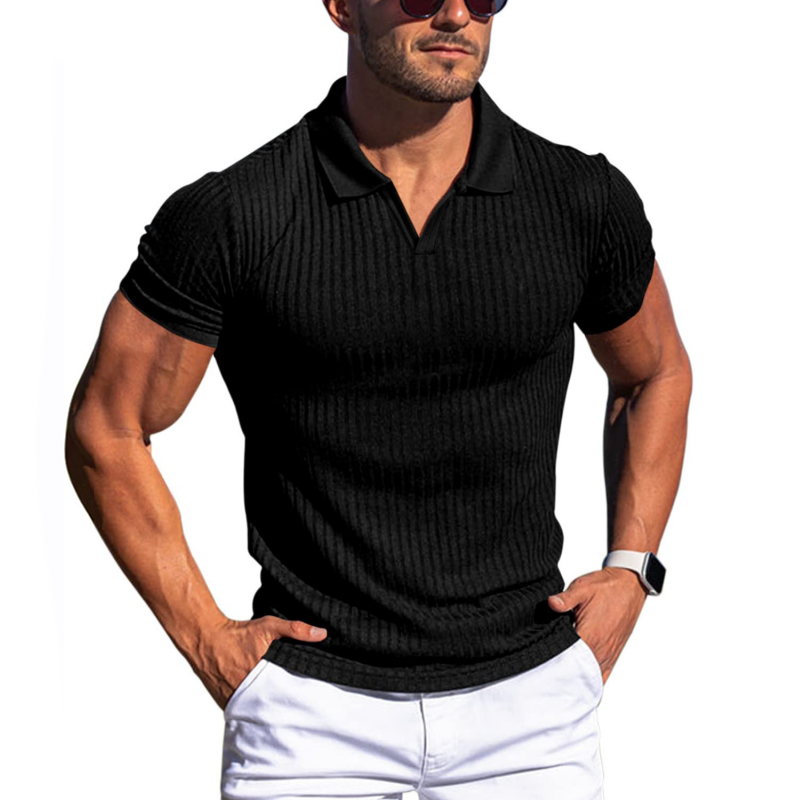 Polo-T-Shirt – schmale Passform – V-Ausschnitt – Polohemden – Herrenbekleidung-Schwarz-S-Chaps Herrenmode