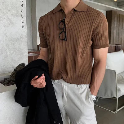 Polohemd | Button-up-Kragen | Umgeschlagener Kragen | Rippstrick-T-Shirt | Herrenhemden-Braun-S-Chaps Herrenmode