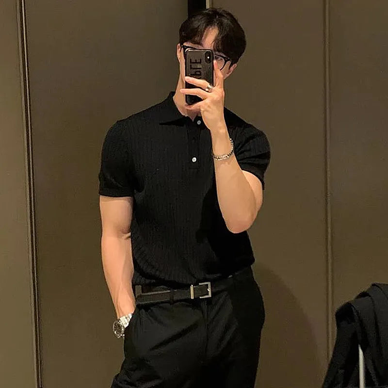 Polohemd | Button-up-Kragen | Umgeschlagener Kragen | Rippstrick-T-Shirt | Herrenhemden-Schwarz-S-Chaps Herrenmode