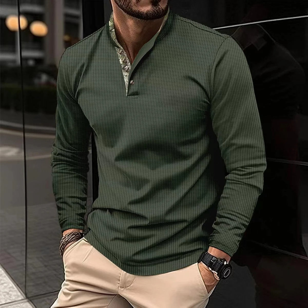 Polohemd – Freizeithemd – Langarm-Polohemd mit halben Knöpfen – Herrenhemden-Armeegrün-S-Chaps Herrenmode