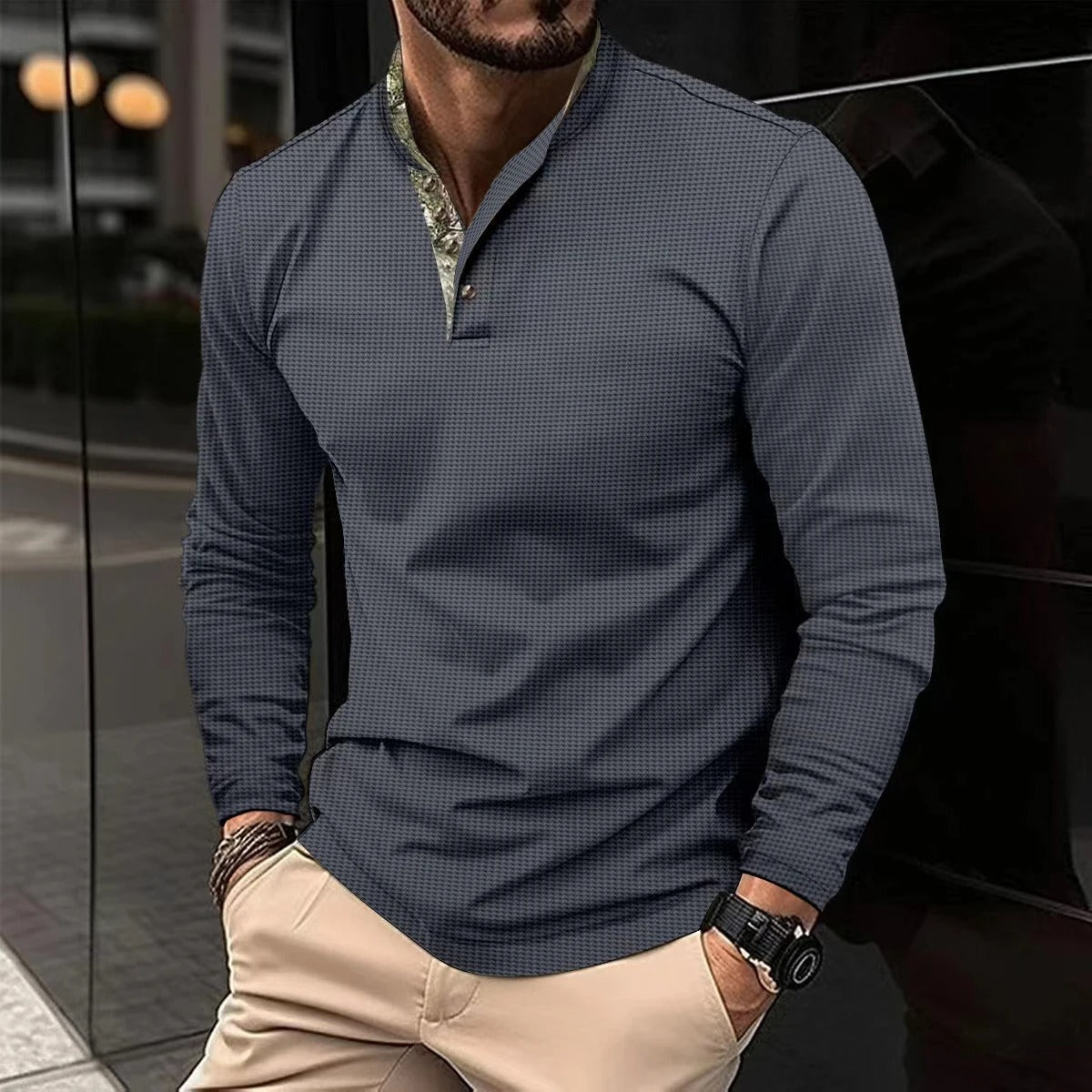 Polohemd – Freizeithemd – Langarm-Polohemd mit halben Knöpfen – Herrenhemden-Grau-S-Chaps Herrenmode