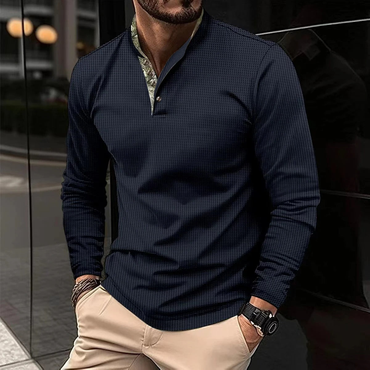 Polohemd – Freizeithemd – Langarm-Polohemd mit halben Knöpfen – Herrenhemden-Marineblau-S-Chaps Herrenmode