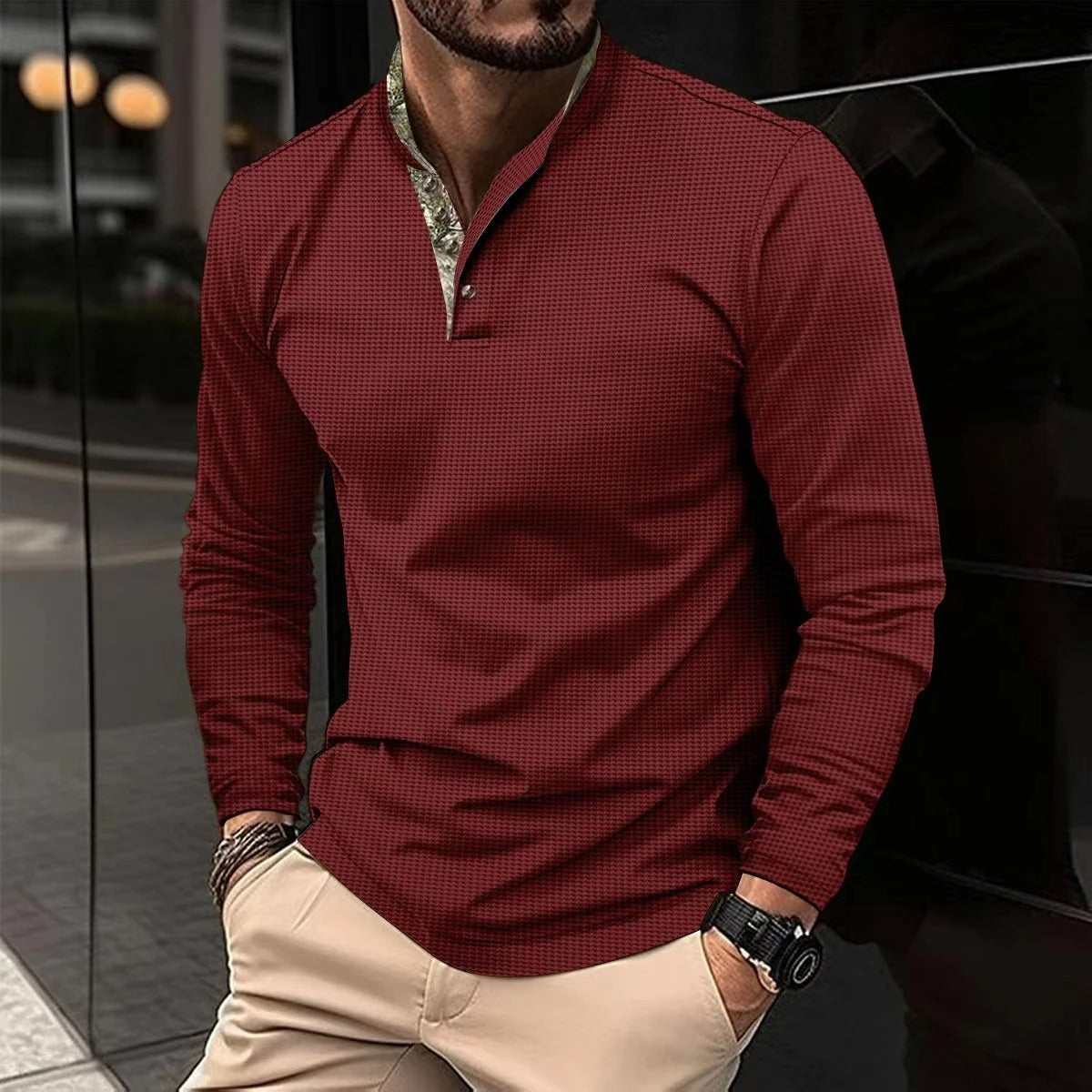 Polohemd – Freizeithemd – Langarm-Polohemd mit halben Knöpfen – Herrenhemden-Rot-S-Chaps Herrenmode