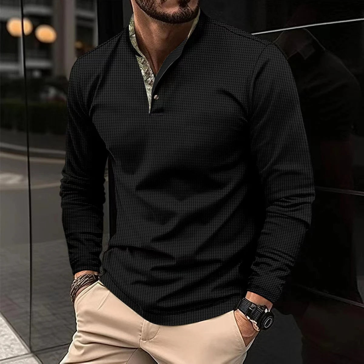 Polohemd – Freizeithemd – Langarm-Polohemd mit halben Knöpfen – Herrenhemden-Schwarz-S-Chaps Herrenmode