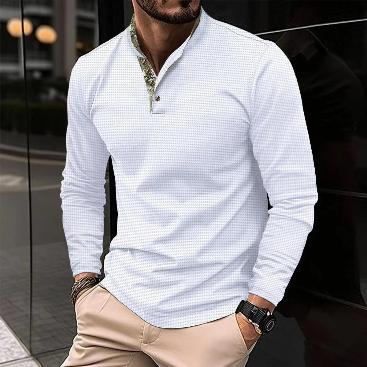 Polohemd – Freizeithemd – Langarm-Polohemd mit halben Knöpfen – Herrenhemden-Weiß-S-Chaps Herrenmode
