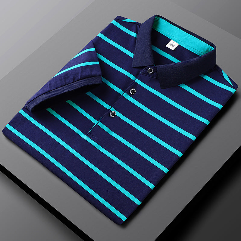 Polohemd - Gestreift - Umlegekragen - Button-Up Polo - Herrenhemden-Blau-M-Chaps Herrenmode