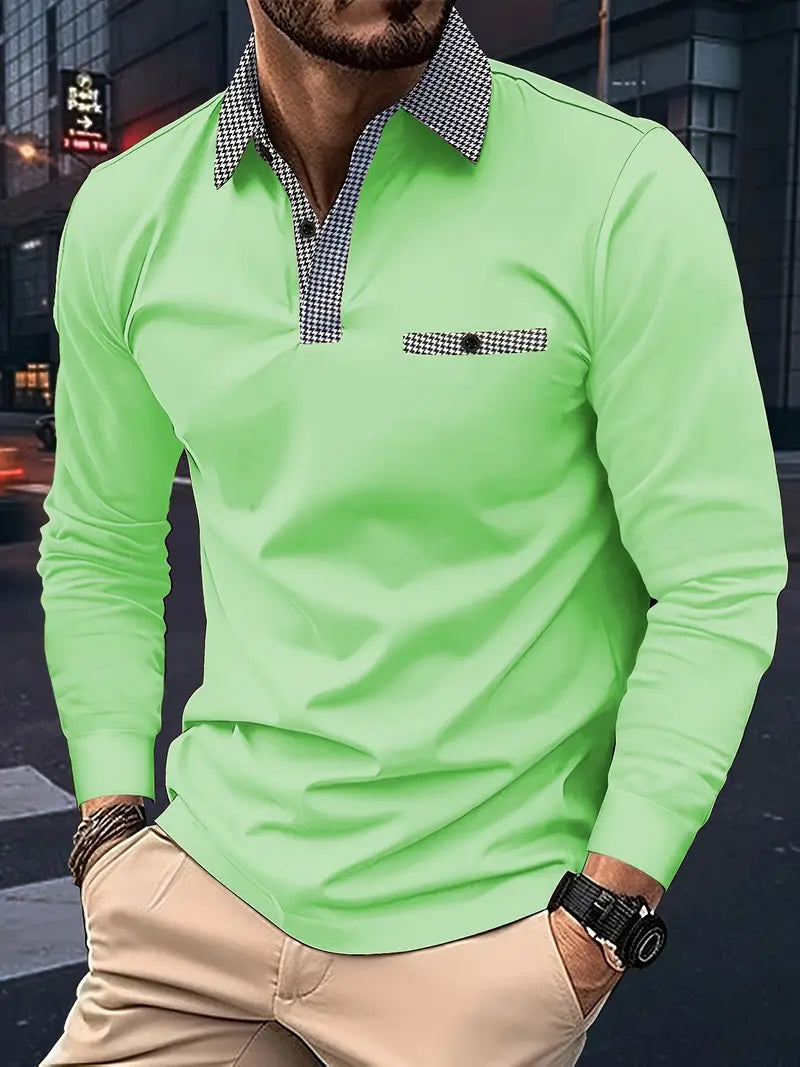 Polohemd - Halber Knopf - Umlegekragen - Langärmeliges Polohemd - Herrenhemden-Gras-Grün-XS-Chaps Herrenmode