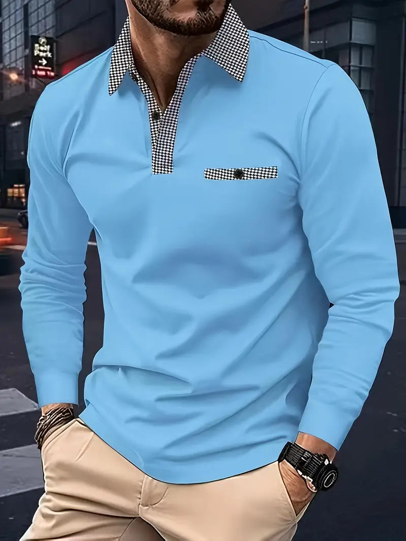 Polohemd - Halber Knopf - Umlegekragen - Langärmeliges Polohemd - Herrenhemden-Himmelblau-XS-Chaps Herrenmode