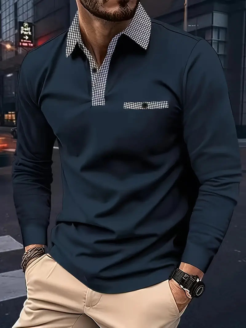 Polohemd - Halber Knopf - Umlegekragen - Langärmeliges Polohemd - Herrenhemden-Navy blau-XS-Chaps Herrenmode