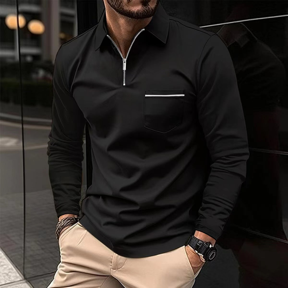 Polohemd - Halber Knopf - Umlegekragen - Langärmeliges Polohemd - Herrenhemden-Schwarz-XS-Chaps Herrenmode